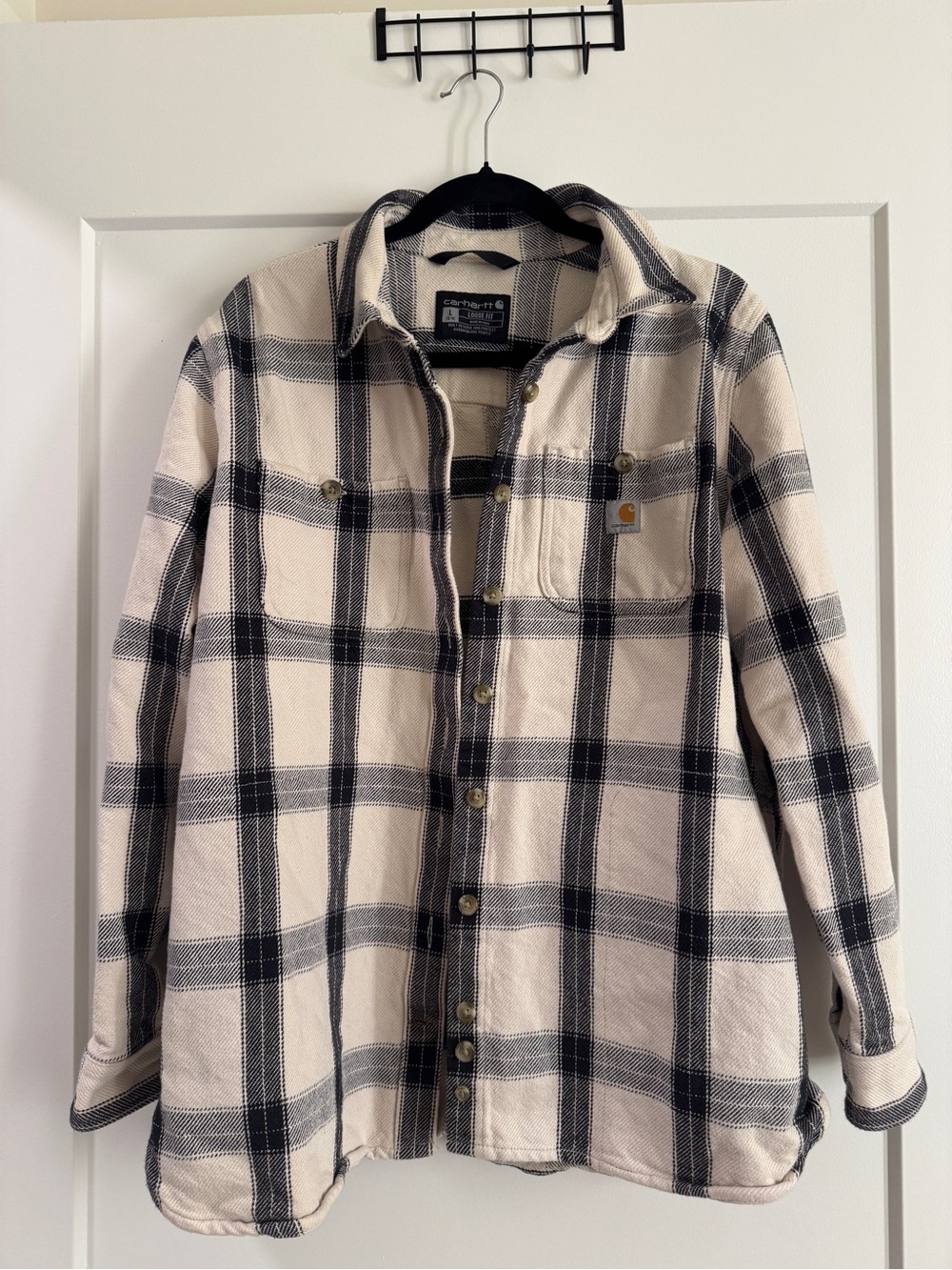 Carhartt Women’s Plaid Flannel Shirt Jacket Shacket Cream Black Size L Loose Fit